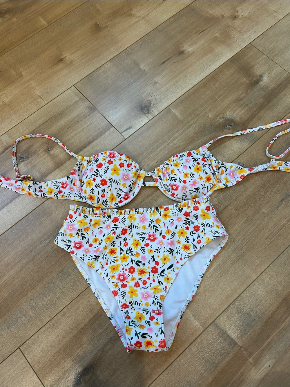 Floral Print High-Waist Kids Bikini - White with Yellow & Pink Flowers